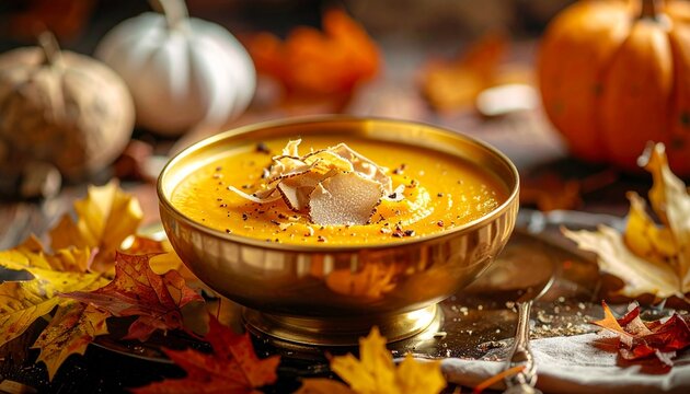 Warm up with vibrant pumpkin soup topped with truffles, a culinary masterpiece perfect for cozy fall evenings, bringing autumn flavors to your table with elegance and gourmet flair