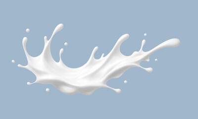 Realistic milk splash wave on blue background. Vector dairy concept