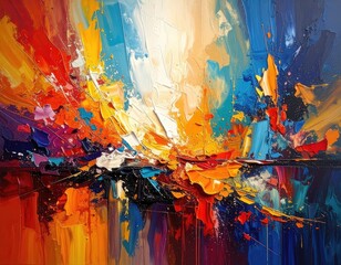 Vibrant abstract artwork with bold brushstrokes, dynamic color palette, textured finish