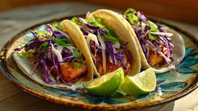 Delicious gourmet tacos with vibrant fresh ingredients, lime wedges, and a beautifully plated presentation for culinary delight