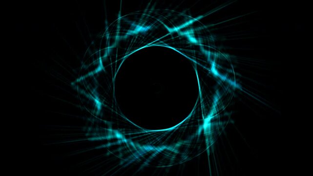 Dynamic kaleidoscopic circular patterns form shapes on black screen