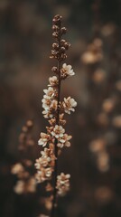 Close-up of a delicate, light beige flower stalk against a blurred dark background