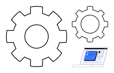 Two interconnected gear graphics and a laptop screen showing a webpage. Ideal for teamwork, workflow, innovation, technology, productivity, process management, and optimization. Simple flat metaphor