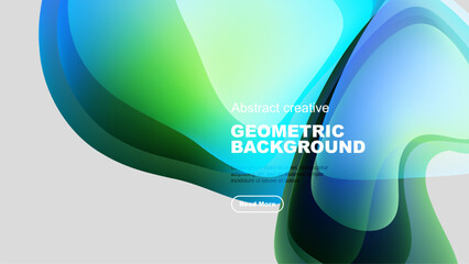 Vibrant fluid shapes overlap, creating dynamic geometric background. Colors blendgreen, blue, tealover gray surface. Modern design element.