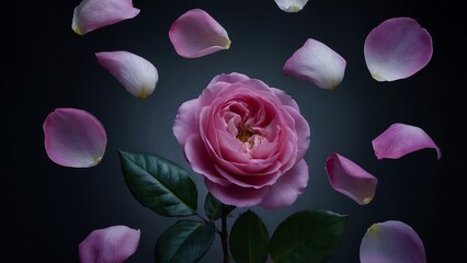 Pink Rose Flower with Scattered Petals on Dark Background scattering