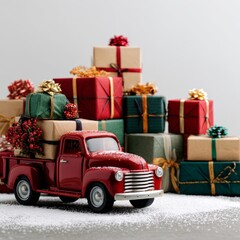 A vintage red toy truck loaded with colorful Christmas presents. The scene features green and red gift boxes with ribbons, set against a snowy background.
