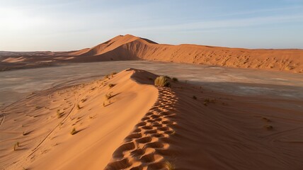 Vast Orange Sand Dunes with Footprints and Sparse Vegetation Under a Clear Sky desert landscape