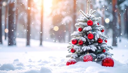 Obraz premium Snowy Christmas scene with decorated tree, red ornaments, and a winter forest background