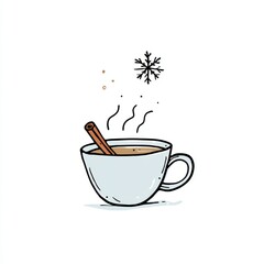 A steaming cup of hot beverage with a cinnamon stick, topped with a snowflake. The scene evokes warmth and comfort during winter.