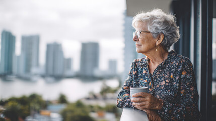 A pensive, elderly woman with short, curly white hair, wearing glasses and a floral shirt, stands on a balcony railing holding a mug, gazing out at a blurred, distant urban skyline across the water