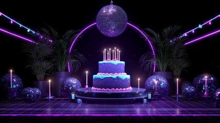A vibrant birthday cake with blue and pink frosting sits on a stage. Colorful lights and disco balls create a festive atmosphere. Candles are lit around the cake.
