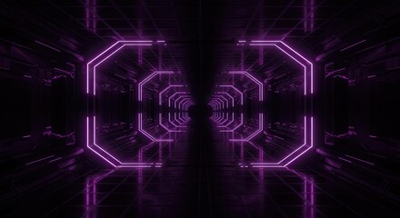 Obraz premium Futuristic Sci-Fi Tunnel with Neon Purple Lights and Geometric Shapes Abstract Concept