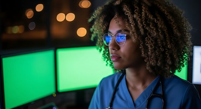 Dedicated female doctor in scrubs working late on multiple computer screens.