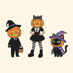 Cute Halloween characters with pumpkin heads, witch hats, and black cat wearing costume illustration. Funny spooky cartoon vector for holiday decoration and kids design.