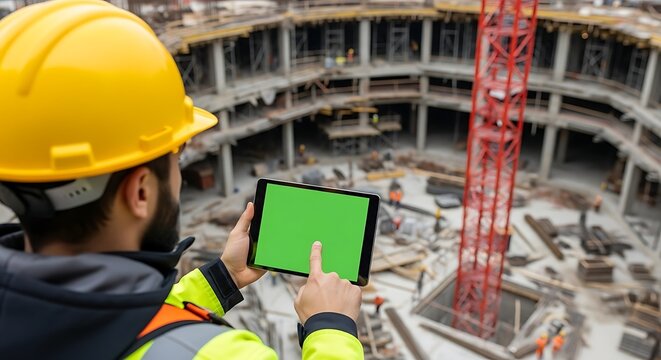 Engineer in hard hat using a tablet with a green screen at a construction site.