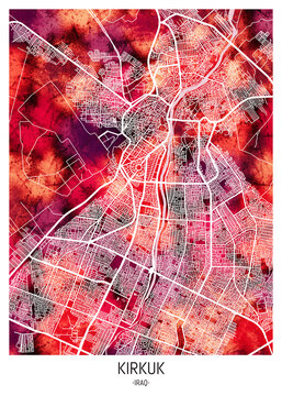 Kirkuk Iraq City Downtown Street Map. City background abstract printable travel banner, modern watercolor, abstract paint urban background