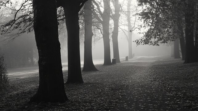 Misty park path lined with trees
