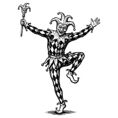 Court Jester Fool Figure Engraving Vector Illustration