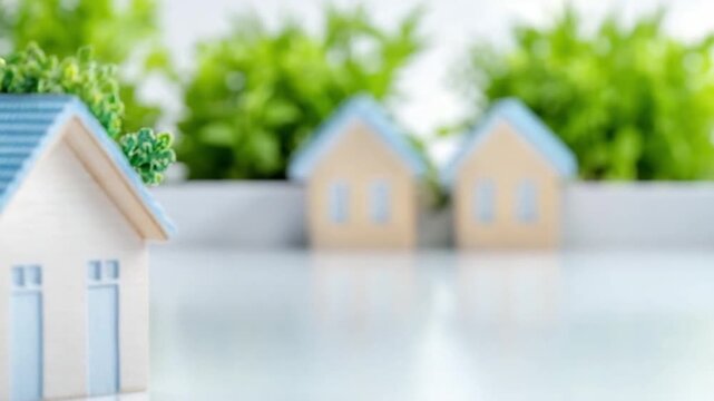 Miniature Homes: A charming composition of miniature homes, perfectly positioned with a backdrop of lush greenery. evoking a sense of dream homes.