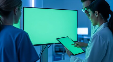 Medical professionals examine data on a green screen display.