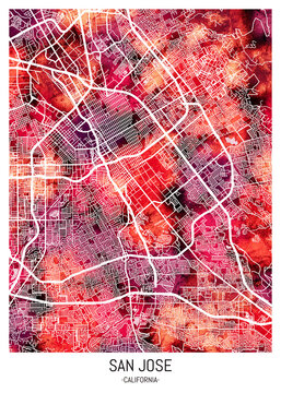 San Jose USA City Downtown Street Map. City background abstract printable travel banner, modern watercolor, abstract paint urban background