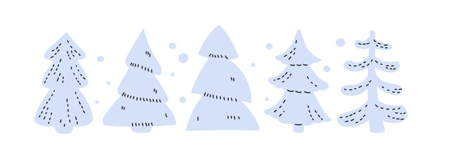 Christmas trees set. Doodle Vector illustration isolated on white background. Doodle, Merry Christmas and Happy New year simple greeting card. Icon christmas tree. Abstract plants for festive design
