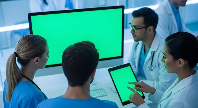 Team of medical professionals collaborating around green screen computer and tablet.