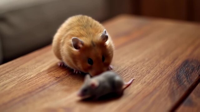 A hamster faces a small mouse on a wooden surface, close-up. Shallow depth of field