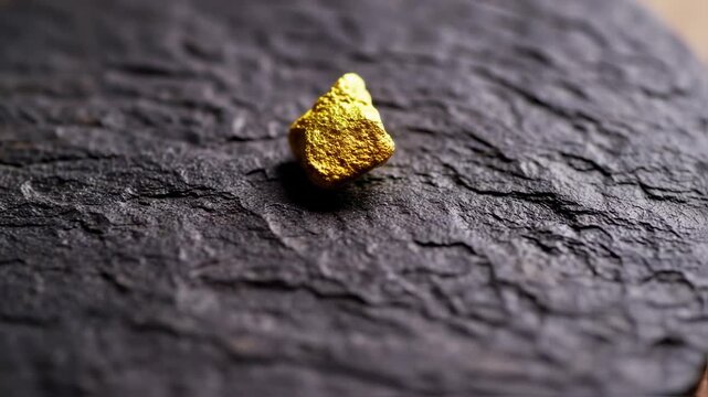 A small, textured gold nugget sits on rough, dark gray stone, captured in close-up