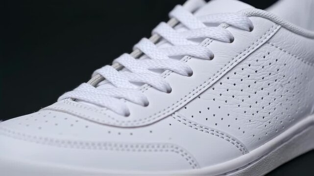 Close-up shot of a white sneaker with detailed stitching, eyelets, and laces, against a black backdrop