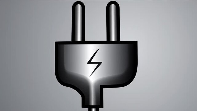 A stylized metallic power plug with a lightning bolt emblem, against a gradient background