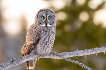Fototapeta premium Great gray owl perched on a snowy branch