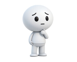 Fototapeta premium A white cartoon character with a large head and small body looking thoughtful on a white background