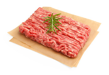 Raw minced meat with rosemary isolated on white