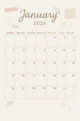 aesthetic January 2026 Calendar print with beige background 