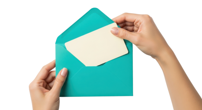 Hands holding teal envelope with blank card for message isolated PNG with Transparent Background