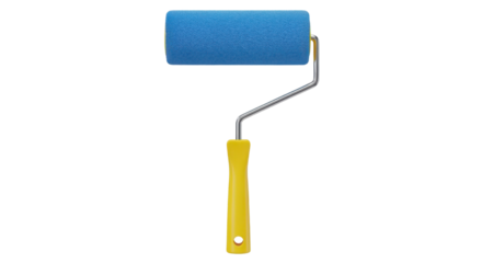 Blue paint roller with yellow handle for interior decoration isolated PNG with Transparent Background