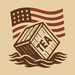 Historical illustration of tea chest in water with vintage American flag evoking Boston Tea Party, a symbol of revolution and freedom from taxation