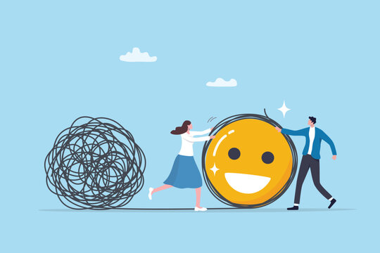 Solving anxiety problem, uncertainty or messy chaos problem, help overcome difficulty, trouble or confusion, complexity knot, people help detached or solve messy chaos line to be simple smiling face.