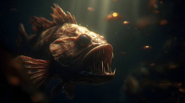 Dramatic Close-Up of Fangtooth Fish in a Cinematic Underwater Scene