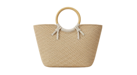 Fashionable woven straw tote bag with wooden handles isolated PNG with Transparent Background