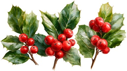 Three holly leaves with a cluster of red berries arranged in festive style for Christmas decor isolated on white against a transparent background