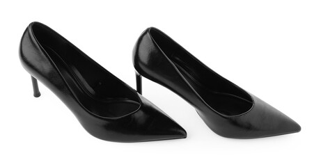 Pair of stylish high heeled shoes isolated on white