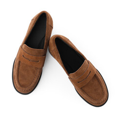 Pair of stylish brown shoes isolated on white, top view