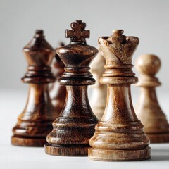 Fototapeta premium Elegant Wooden Chess Pieces: King, Queen, and Pawns in Strategic Formation