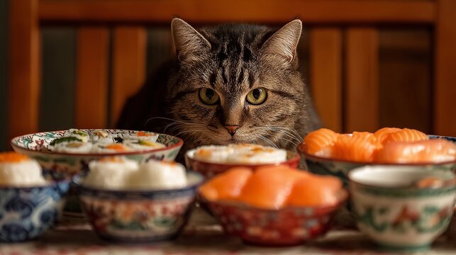 Curious cat eyes sushi feast with delicious salmon and colorful Japanese cuisine, a playful food concept