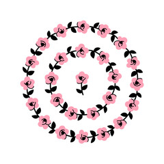 Сirclet of flowers illustration for postcards, invitations. Round botanical frame element with rose flower. 