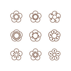 Strawberry blossom symbol. Set of 9 geometric shape. Modern linear design graphic elements.