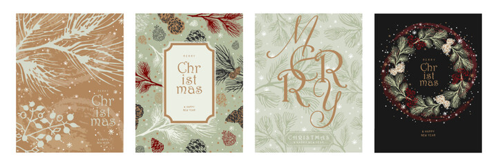 Design postcards, vertical posters for Christmas and New Year, set. Natural, winter ornament with spruce branches, cones, berries, snowflakes. Green, red, gold, black pattern.