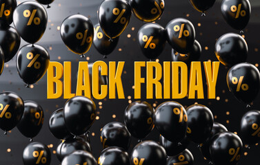 Elegant Black Friday banner design featuring bold yellow text with glossy black balloons decorated with gold percentage symbols on a dark background in 3D rendering